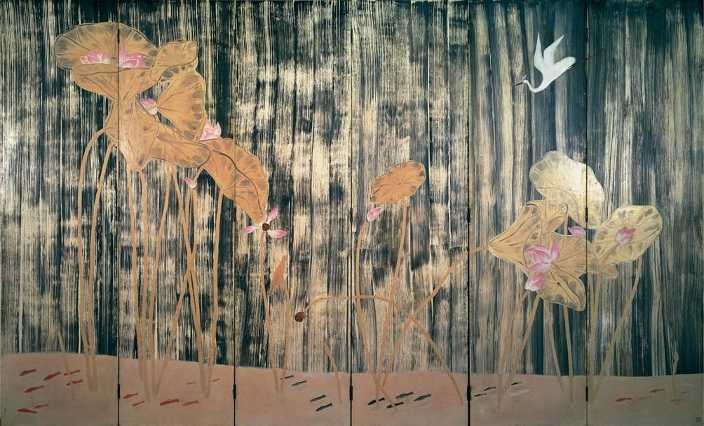 常玉,《荷塘白鶴》, 油彩、木板,182x297cm,1940-50年代,國巨基金會典藏。(大未來林舍提供)