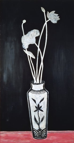 常玉,《磁州窯瓶內的白蓮》,油彩、纖維板,155x81cm,1950s。(大未來林舍提供)