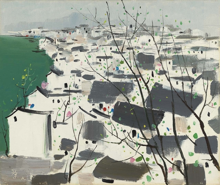 吳冠中｜濱江城市富陽（江南小鎮） 油彩、畫布 38×44.5cm 1991 預估價580萬至880萬港元 佳士得香港提供
