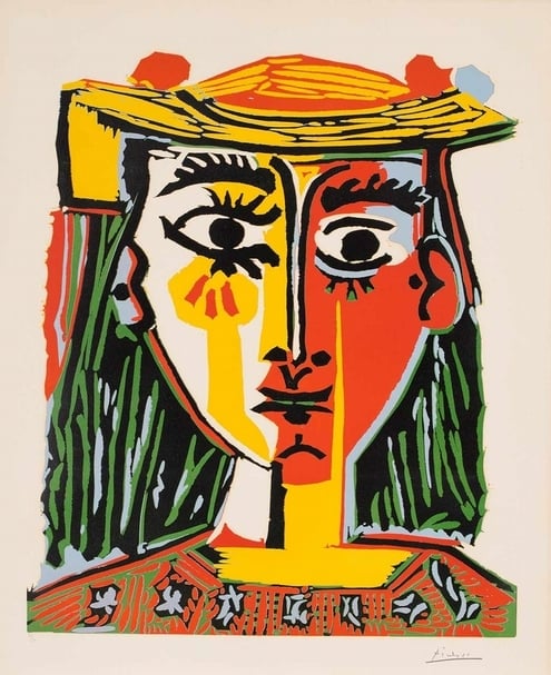 畢卡索 《戴帽拿着絨球和印刷罩衫的女人肖像》（Buste de femme au chapeau）。（iART提供）