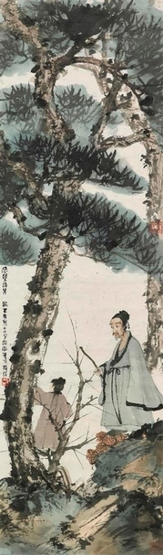 編號1431傅抱石1943年作《松下問童子》，設色紙本（未裱），鏡框，108.5×31cm，估價3,500萬至4,500萬港元，成交價4,172萬5,000港元。（佳士得香港提供）