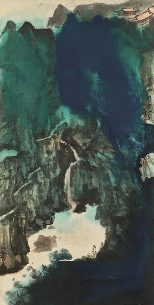 編號1379張大千1963年作《觀泉圖》，設色紙本，木板鏡框，134×68cm ，估價6,000萬至8,000萬港元，成交價6,422萬5,000港元。（佳士得香港提供）
