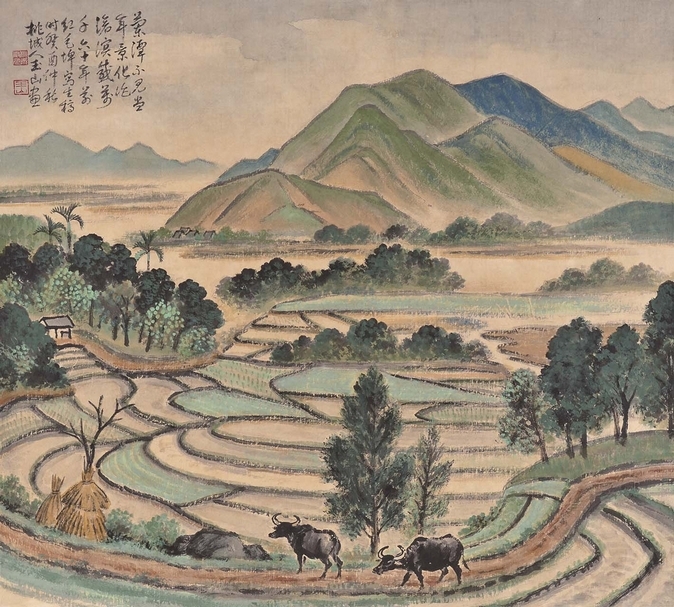 林玉山1993年作〈諸羅風情〉，62×69.5公分，嘉義市政府文化局典藏品。（嘉義市政府文化局提供）