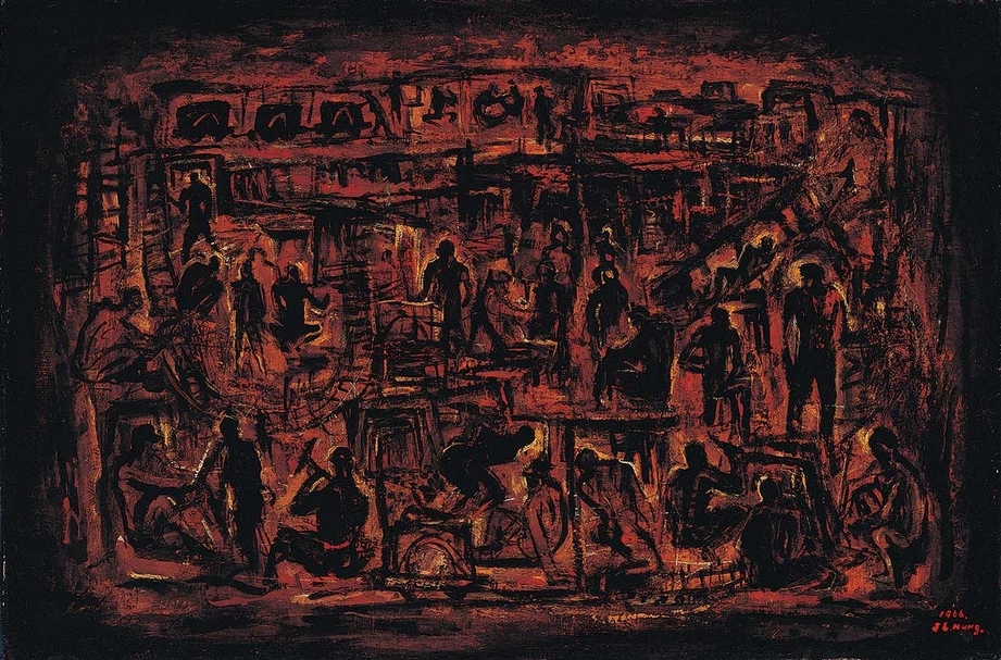 洪瑞麟，《礦工頌》，油彩畫布裱板，60.5x91cm，1966。（尊彩藝術中心提供）