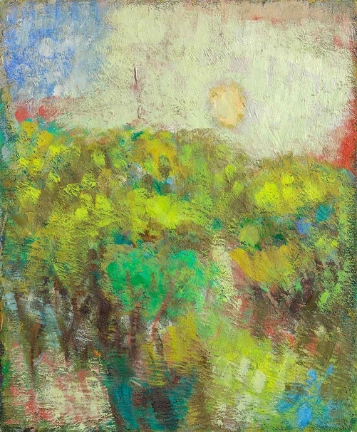 金潤作，《日出紗帽山 I》，油彩畫布，60.5x50cm，1970。（尊彩藝術中心提供）