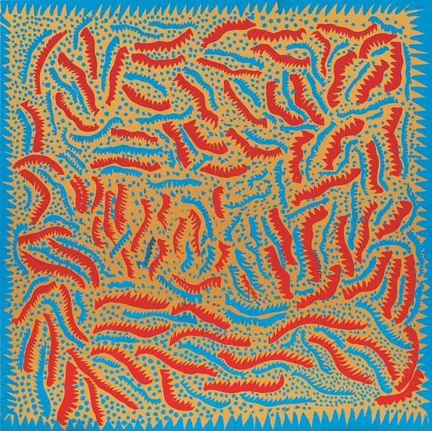 草間彌生（Yayoi Kusama），《日暮跡象》（Signs of the Sunset），壓克力、畫布，162x162cm，2012。（富藝斯提供）
