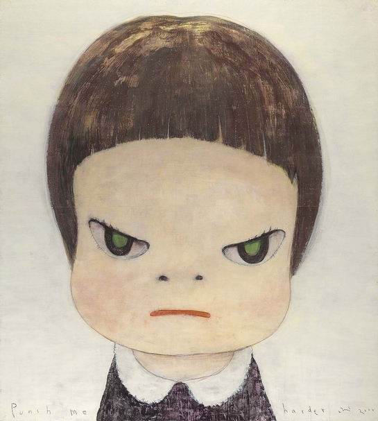 奈良美智｜Punch Me Harder 壓克力、彩色鉛筆、紙本裱於畫布 215.9×195.6cm 2000 預估價1千萬至1500萬港元 佳士得香港提供