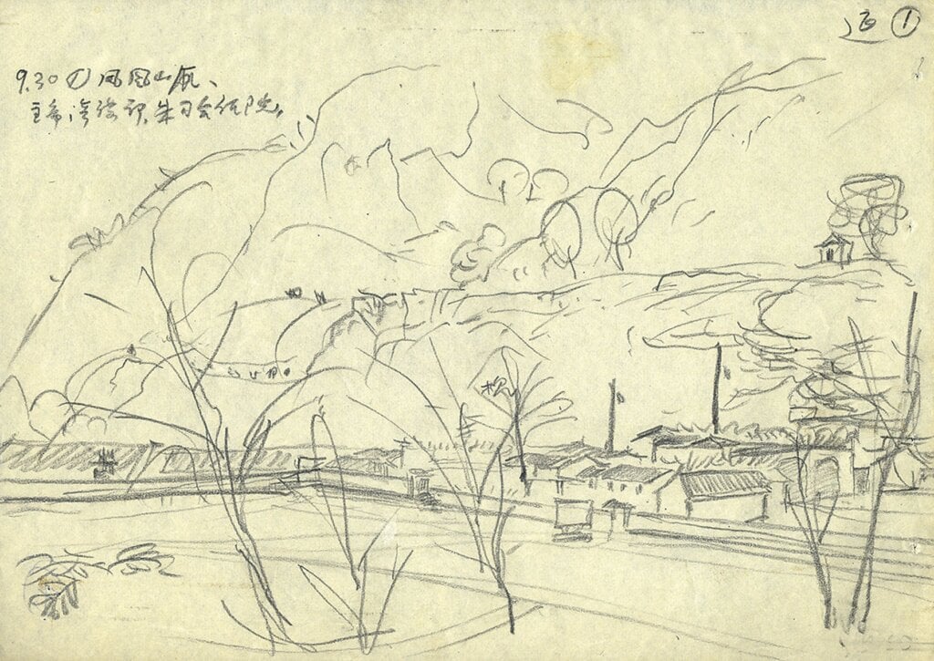 上左圖1-1 傅抱石1960年9月30日作〈鳳凰山下主席、朱總司令住院〉,鉛筆,18.8×26.7公分。