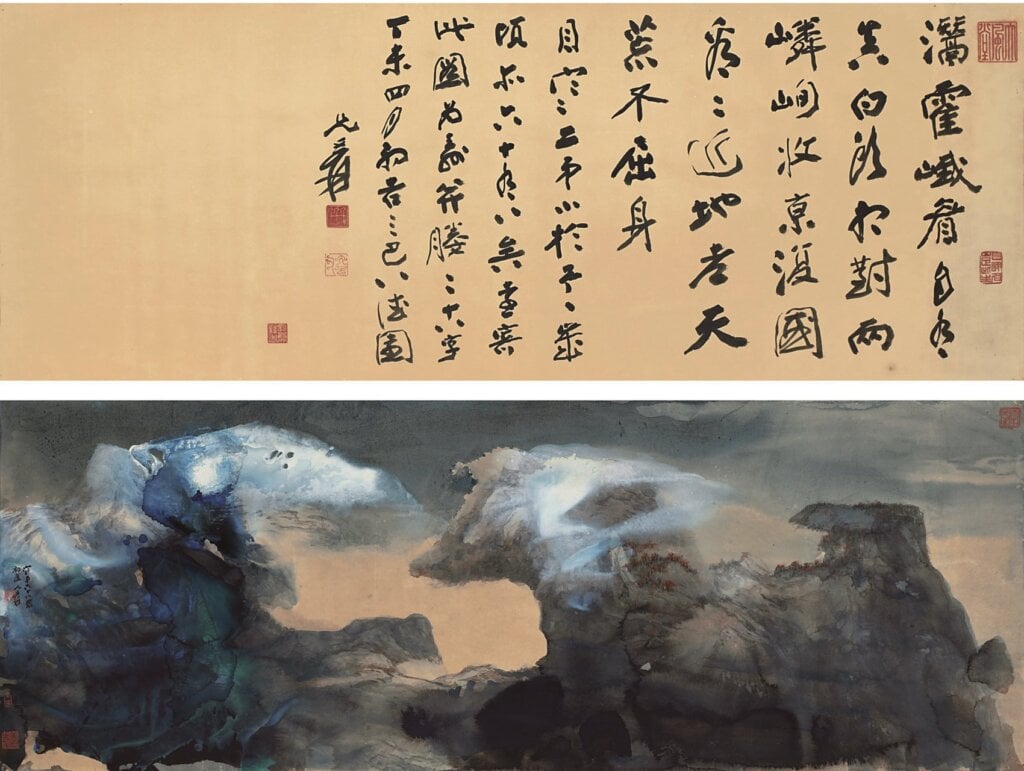 香港蘇富比：民國張大千1967年作〈春山瑞雪、行書七絕〉，成交價8300萬港元。