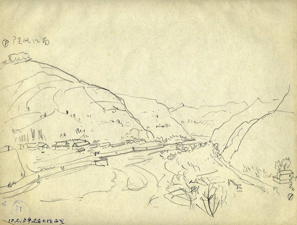 下左圖1-3 傅抱石1960年10月2日作〈延安大橋西望〉,鉛筆,21.2×27.8公分。