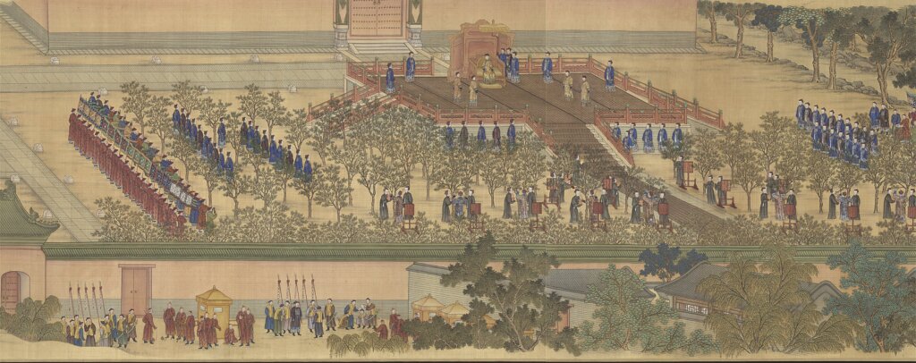 清乾隆十三年〈親蠶圖〉之「採桑」，國立故宮博物院藏。圖╱國立故宮博物院open data平台。