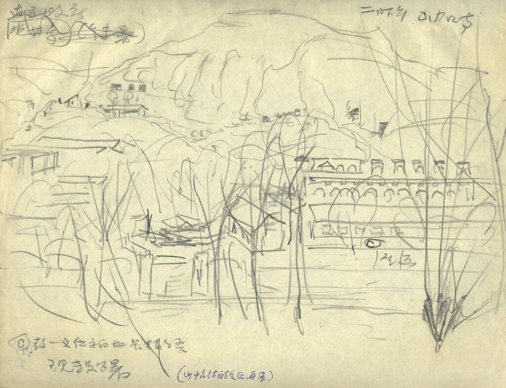 下右圖1-4 傅抱石1960年10月2日作〈邊區政府〉,鉛筆,21.4×27.8公分。