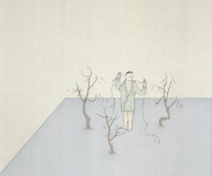 簡翊洪,《掛串燈》,水墨設色絹本,26x29cm,2017。(谷公館提供)