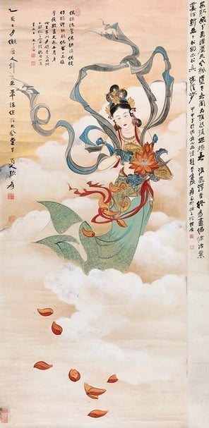張大千《天女散花》成交價8,452.5萬元，居近現代書畫第三高價。（北京保利提供）