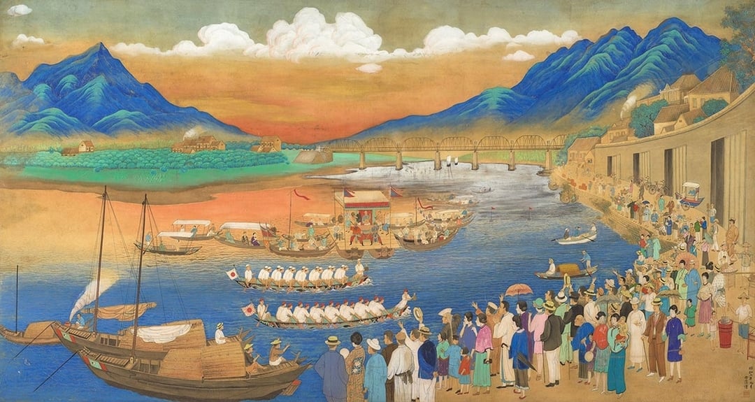蔡雪溪， 《扒龍船》，膠彩絹本，125×210cm，1930。（尊彩藝術中心提供）
