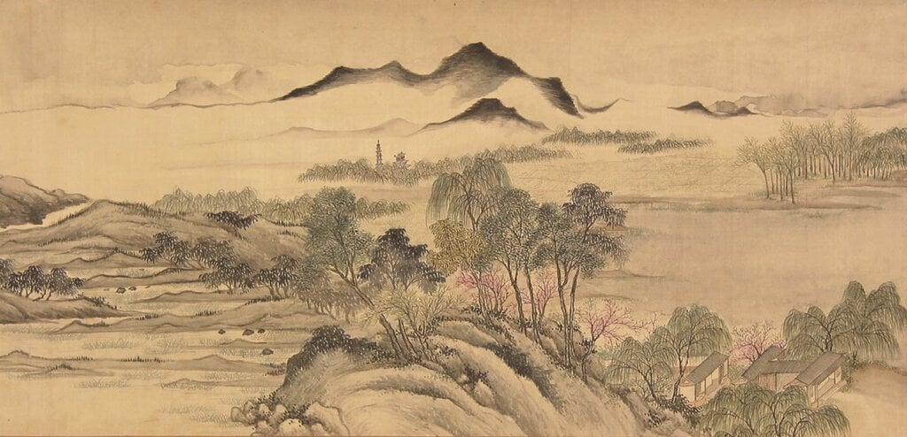 清黃鉞〈春雨軒記並圖〉卷,圖為局部。