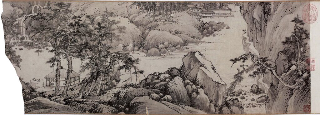 私人藏家珍藏的明宋旭〈江上樓艇圖〉鏡心,為原宋旭〈山水圖〉卷首部分。