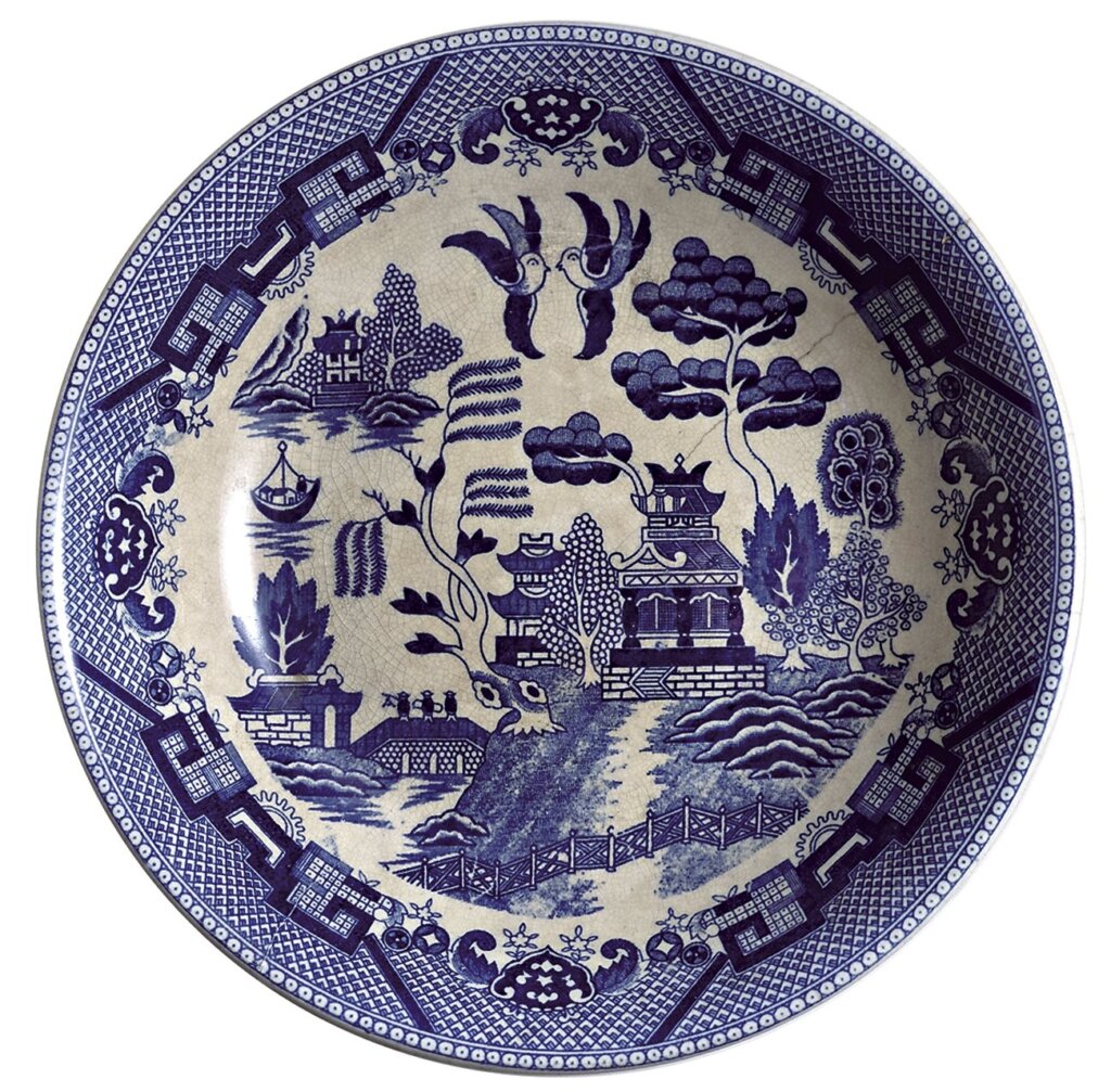 日本明治時期(19世紀晚期)〈銅版轉印柳葉青花盤〉,口徑28公分,高5公分,臺大藝術史研究所藏(寄存)。