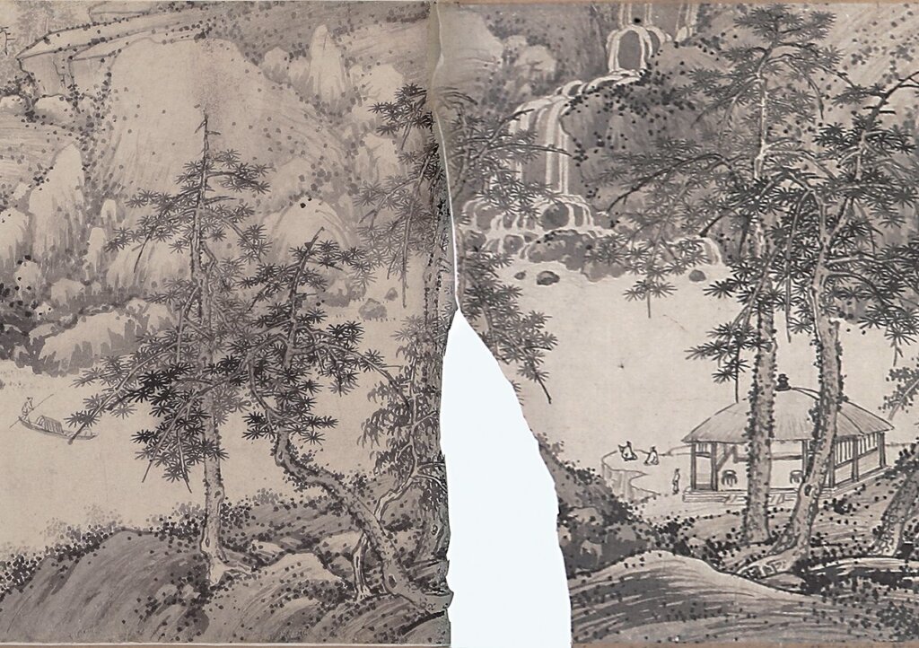瀋陽故宮與私人藏家分藏的兩本殘卷,在畫卷斷裂處完全吻合,山石、樹木用筆也一一對應,只是畫卷下部的三角缺口成為無法彌補的缺憾。