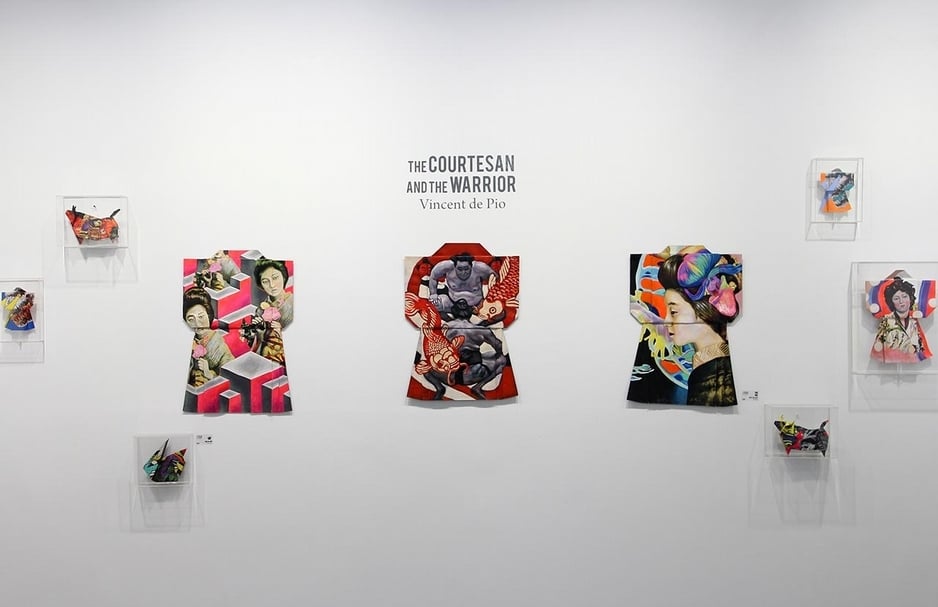 菲律賓Galerie Stephanie帶來藝術家Vincent De Pio作品，創作主題帶有濃厚日本意象。（攝影／吳怡臻）