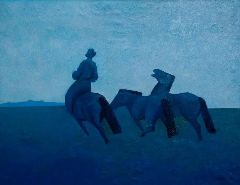 祖爾特敏.恩克金,《乾草原的牧馬人》,油彩畫布,150x120cm,1983。(出處:Mongolian National Modern Art Gallery)