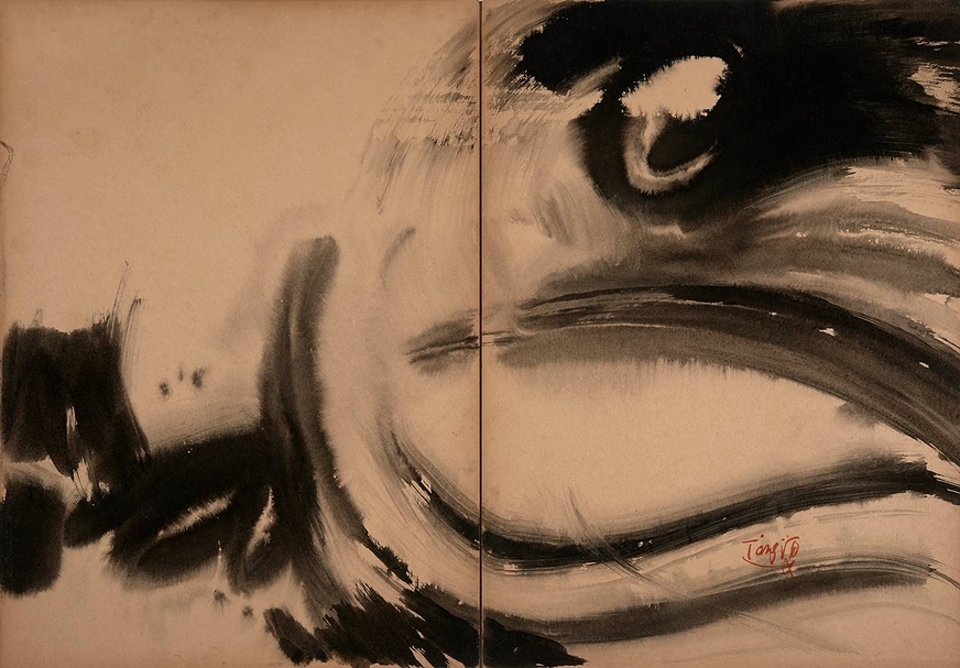 T'ang Haywen, Birth of the Dragon, 1970, Ink on Kyro card, Diptych, 70 x 100 cm, ©T’ang Haywen Archives, M+ Collection, courtesy of de Sarthe Gallery.