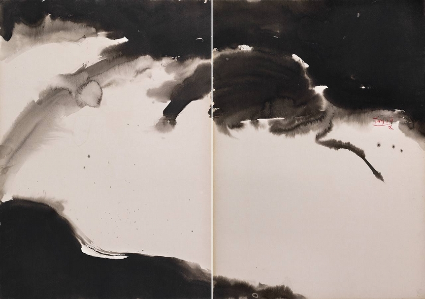 T''ang Haywen, Inner Sky, 1971, Ink on Kyro card, Diptych, Signed middle right, 70 x 100 cm, ©T’ang Haywen Archives, Private Collection, courtesy of de Sarthe Gallery.