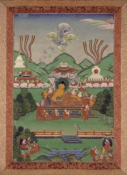 圖1 約18世紀西藏〈釋迦牟尼涅槃像〉，館藏編號B66D23。©Asian Art Museum。