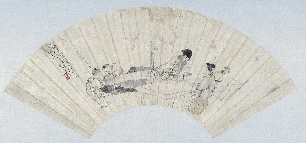 黃慎〈弈棋圖〉扇面，揚州博物館藏。