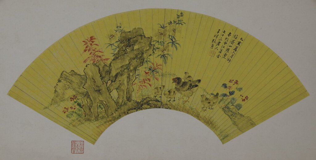 張熊〈群雞圖〉扇面，揚州博物館藏。