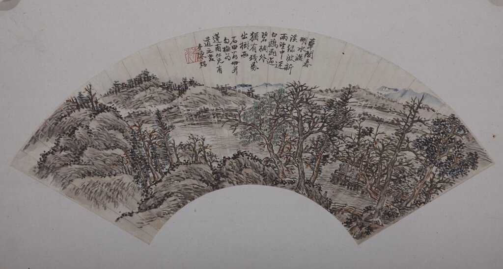 陳崇光〈草閣春明圖〉扇面，揚州博物館藏。