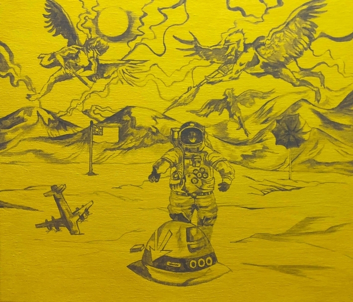 陳依純《登上另一個星球》，壓克力顏料、畫布，45.5×53cm，2018。（尊彩藝術中心提供）