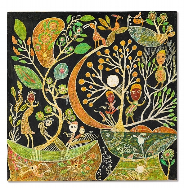 洪通《白月》，油彩纖維板，59.5x59.5cm，1974。（香港蘇富比提供）