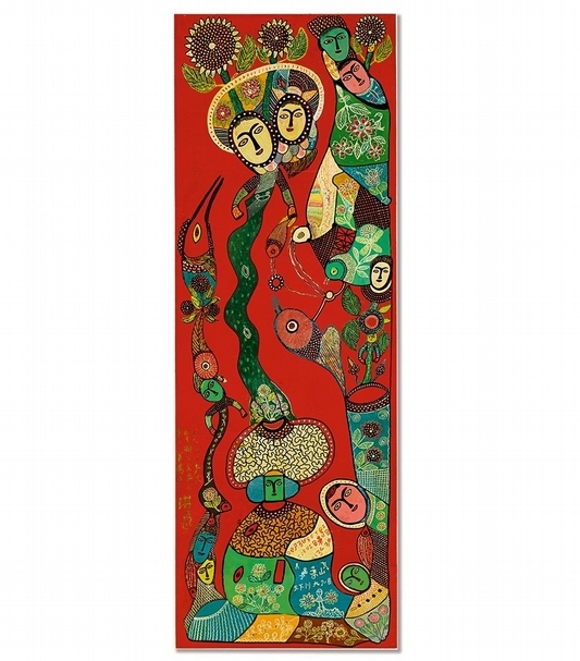 洪通《連理樹》，綜合媒材於紙本裱於木板，138.5x43.5cm。（香港蘇富比提供）
