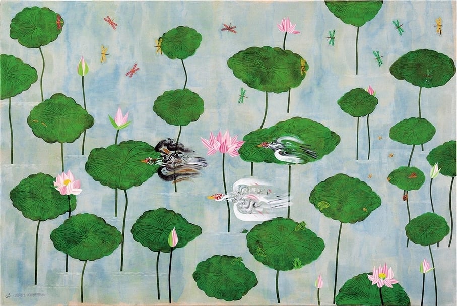 夏陽《番鴨用衝的,過荷塘》,壓克力顏料、剪紙、畫布,245x366cm,2014。 (夏陽提供)