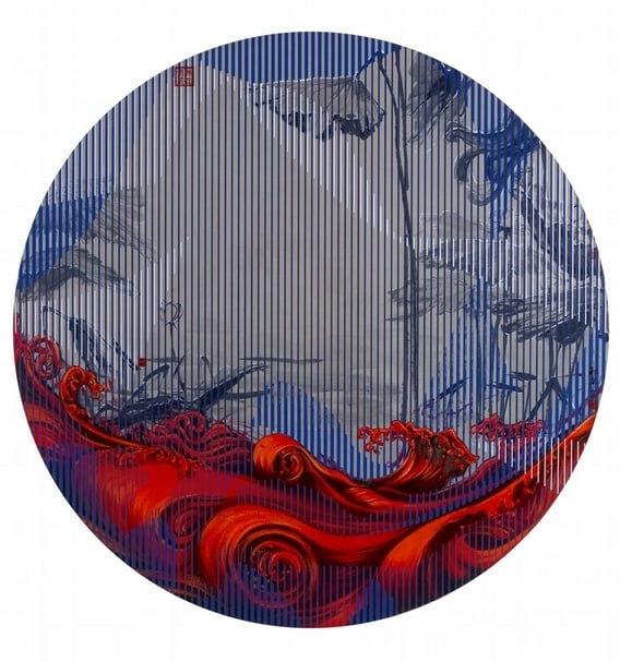 那危《荷潮圖》,畫布、油彩、絹、水墨,直徑180cm,2016。(新時代畫廊提供)