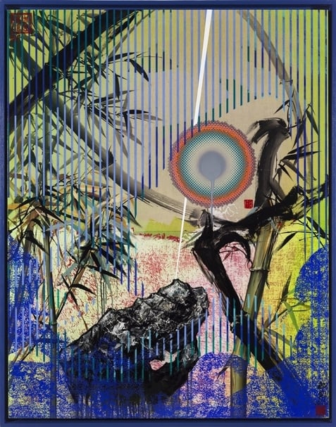 那危《竹石江山圖2018》,畫布、油彩、絹、水墨,116×91cm,2018。(新時代畫廊提供)