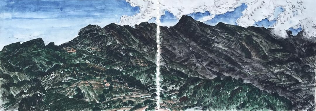 林銓居《龍泉部落後山》，炭筆、彩墨、紙本，29.5x83cm，2016。（藝術家提供）