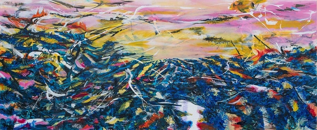 王淑鈴《吟唱的河流7》，壓克力顏料、油彩、畫布，100x250cm，2017-18。（采泥藝術提供）
