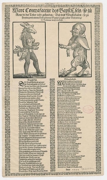圖面右邊為「畸形牛犢修士」，1586年版本。（CC BY-NC-SA 3.0 DE）
