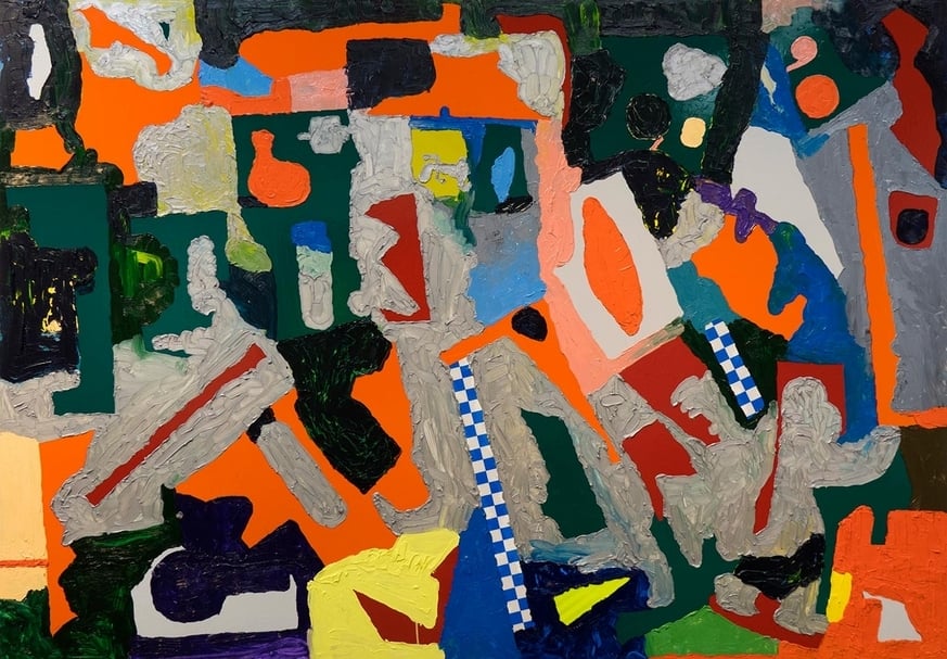 金氏徹平《區塊（光區）#3》，油彩、反光貼紙／木板，140x200x3.3cm，2018。（誠品畫廊提供）