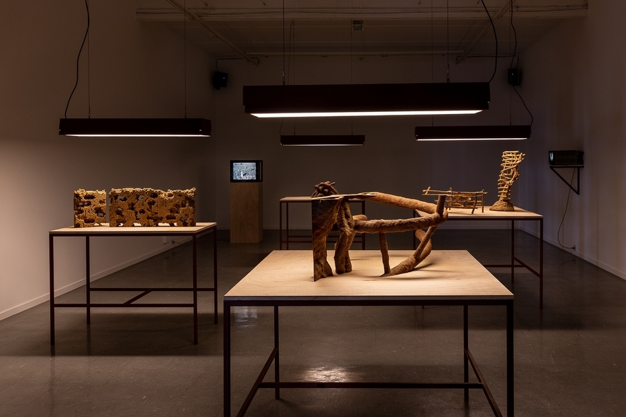 尼古拉斯．曼甘（Nicholas MANGAN），《白蟻經濟》（Termite Economies），石膏、泥土3D列印、高分子塗料、塑合木板、有色軟鋼、日光燈、四組Sony Trinitron PVM 9042QM螢幕、循環播放錄像檔案、四頻道環繞音響播放白蟻示警聲響，2018。（藝術家與澳洲墨爾本薩頓畫廊提供）