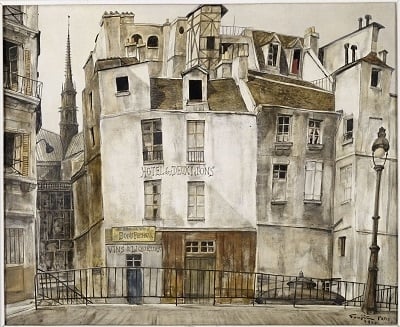 藤田嗣治（Léonard Tsuguharu Foujita），《鮮花河岸巴黎聖母院》（Quai aux Fleurs, Notre-Dame），38×46cm，1950，龐畢度中心。（© Centre Pompidou, MNAM-CCI, Dist. RMN-Grand Palais / Jacqueline Hyde / distributed by AMF，© Fondation Foujita / ADAGP, Paris & JASPAR, Tokyo, 2017 E2833）