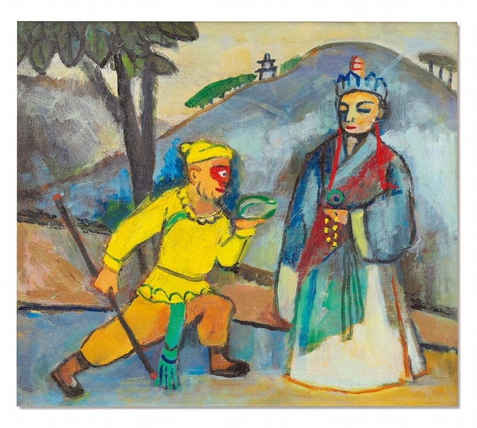 關良《唐僧與悟空》,油彩、畫布,47.5x54cm,1978。(香港蘇富比提供)