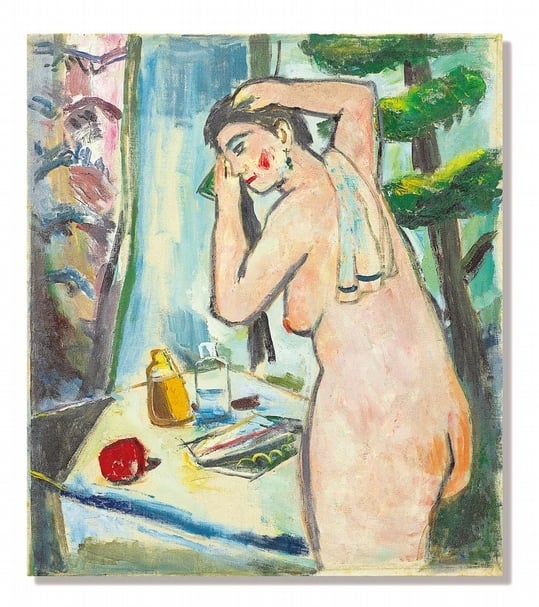 關良《浴後》,油彩、木板,82.2x72.2cm,1963。(香港蘇富比提供)