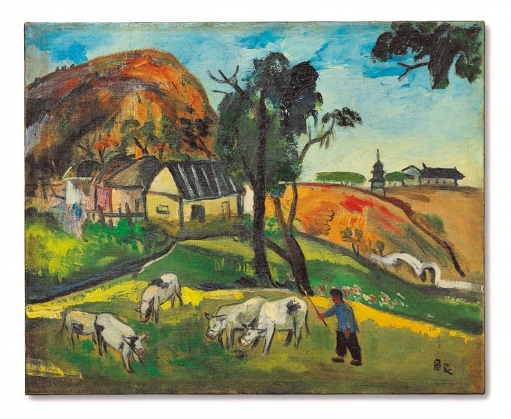 關良《牧牛》,油彩、畫布,55x67cm,1965。(香港蘇富比提供)