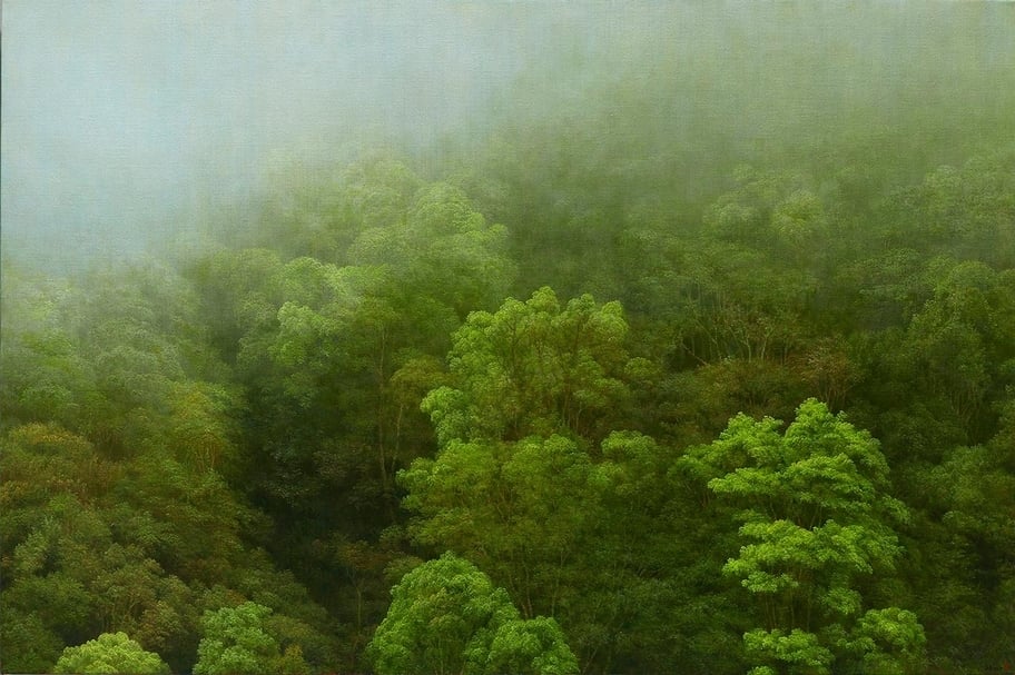 葉子奇《四月的霧・玉里赤柯山》，卵彩、油畫、亞麻布，71.12x106.68cm，2017。（加力畫廊提供）