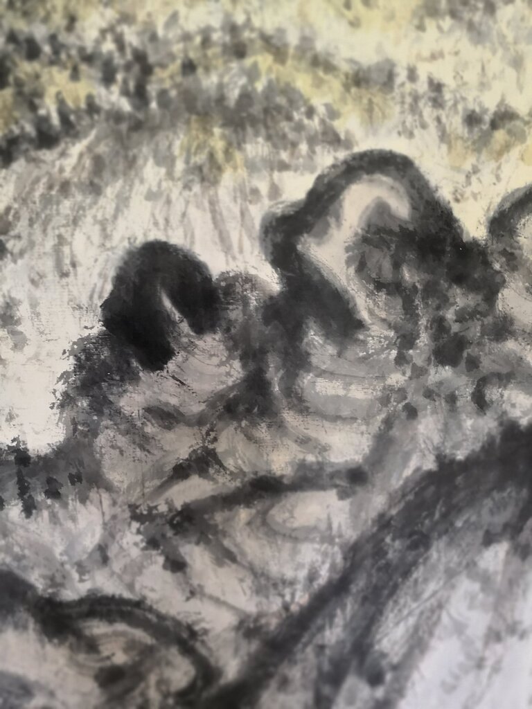傅抱石〈韶峰春曉〉題款。
