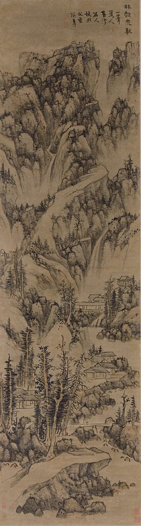 藍瑛1650年作〈山水十二屏〉，水墨設色金箋本立軸，各167×44.6公分，香港藝術館藏。圖為其中四屏。