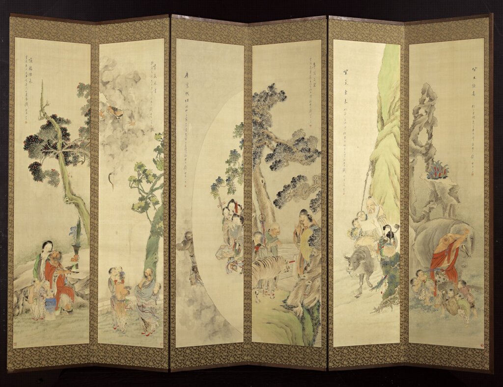 清錢慧安〈人物十二屏風〉,157.6×39.8公分。